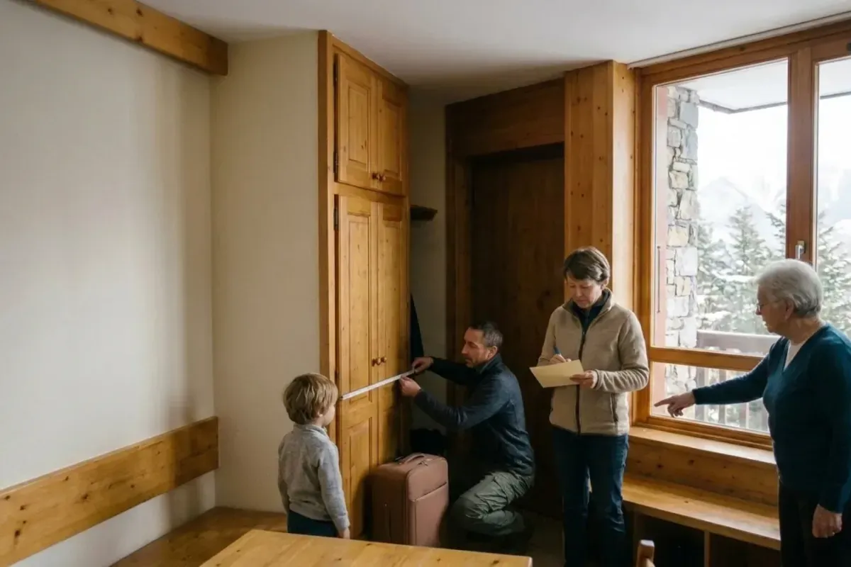Une famille regarde les chambres et les rangements d’un chalet avant son séjour