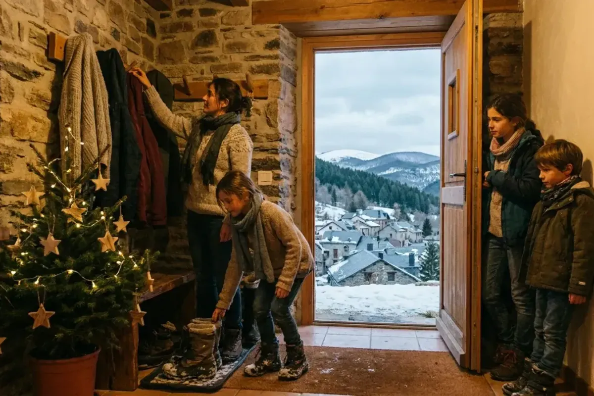 Une famille rentre dans son chalet décoré après une sortie de Noël