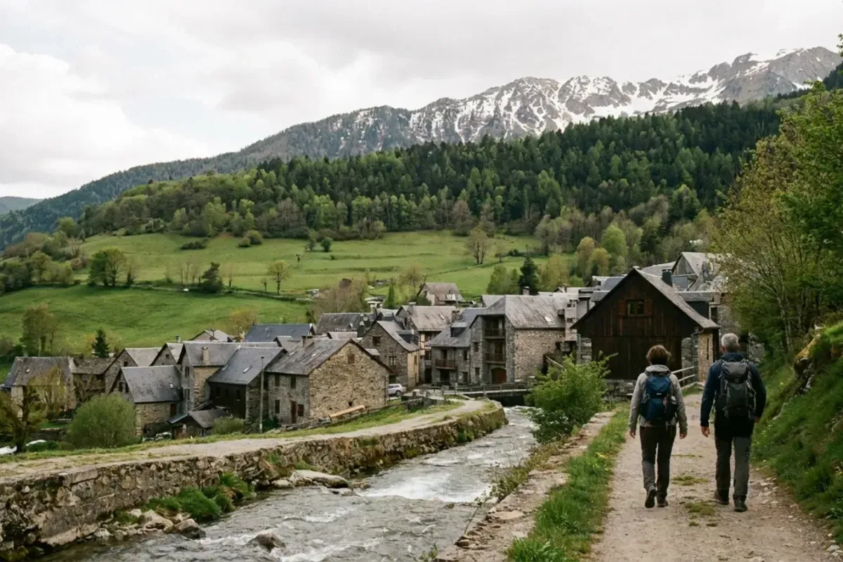 Deux promeneurs longent une rivière en direction d’un village de la vallée d’Aure