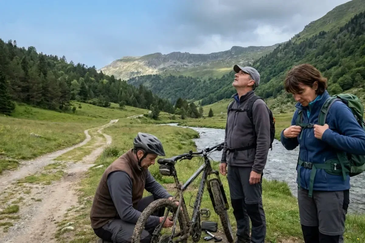Des randonneurs et un cycliste préparent leur sortie près d’un sentier des Pyrénées