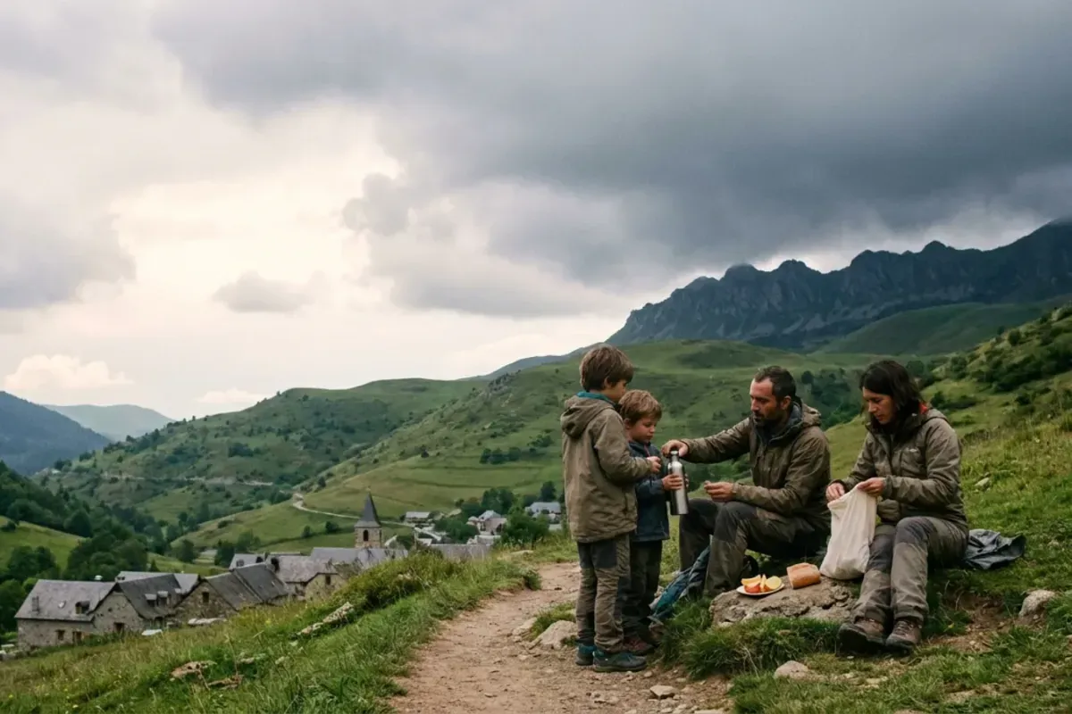 Des parents et leurs enfants font une pause au cours d’une promenade dans les Pyrénées