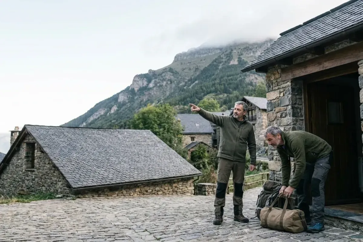 Deux personnes près d’une maison en pierre, dans un village des Pyrénées dominé par les montagnes.